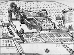 Dessin de l'abbaye du Bec-Hellouin 1677,  (Wikipédia).